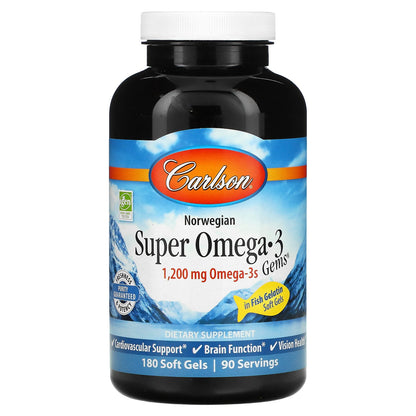 Carlson, Norwegian, Super Omega-3 Gems, 1,200 mg, 180 Soft Gels (600 mg per Soft Gel)