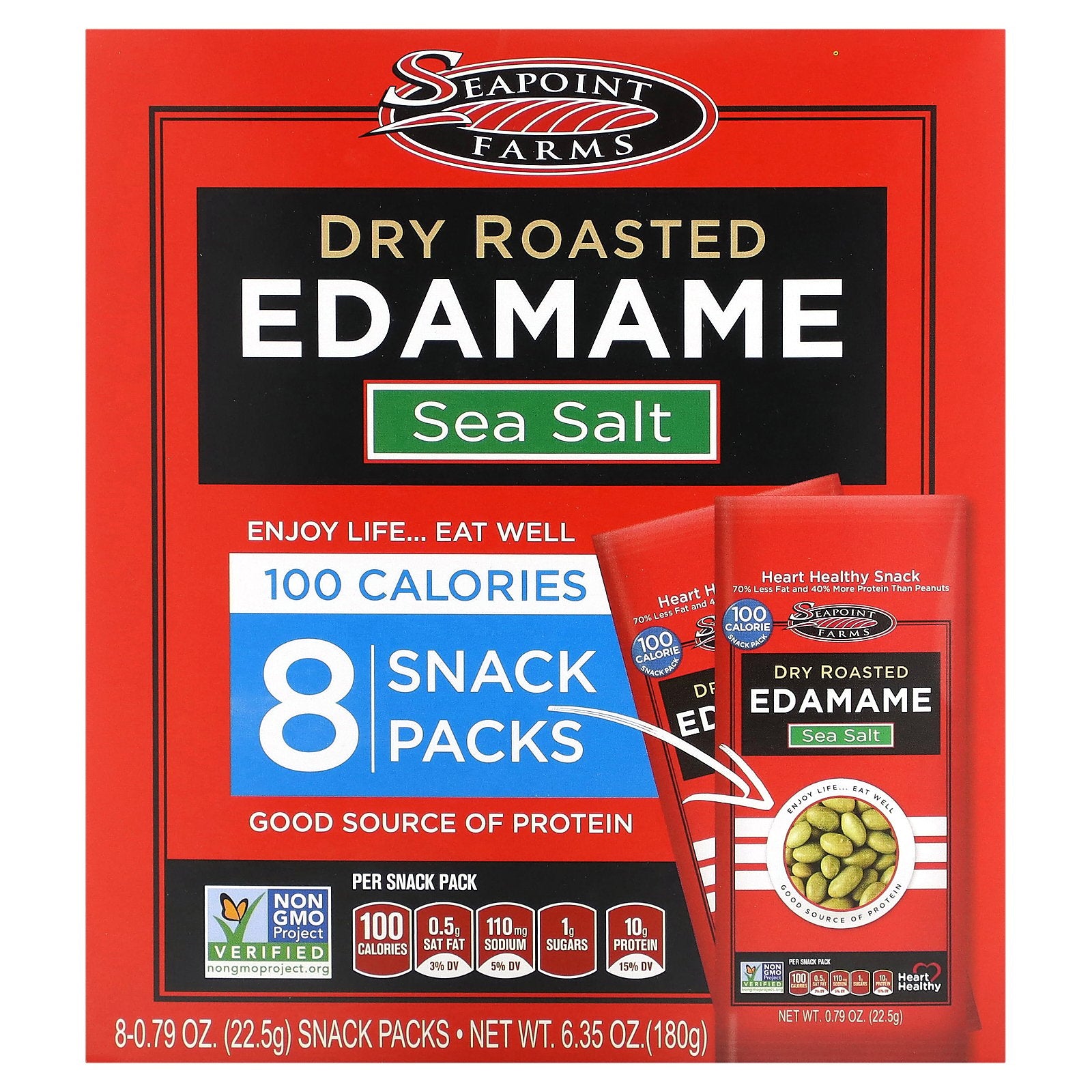 Seapoint Farms, Dry Roasted Edamame, Sea Salt, 8 Snack Packs, 0.79 oz (22.5 g) Each