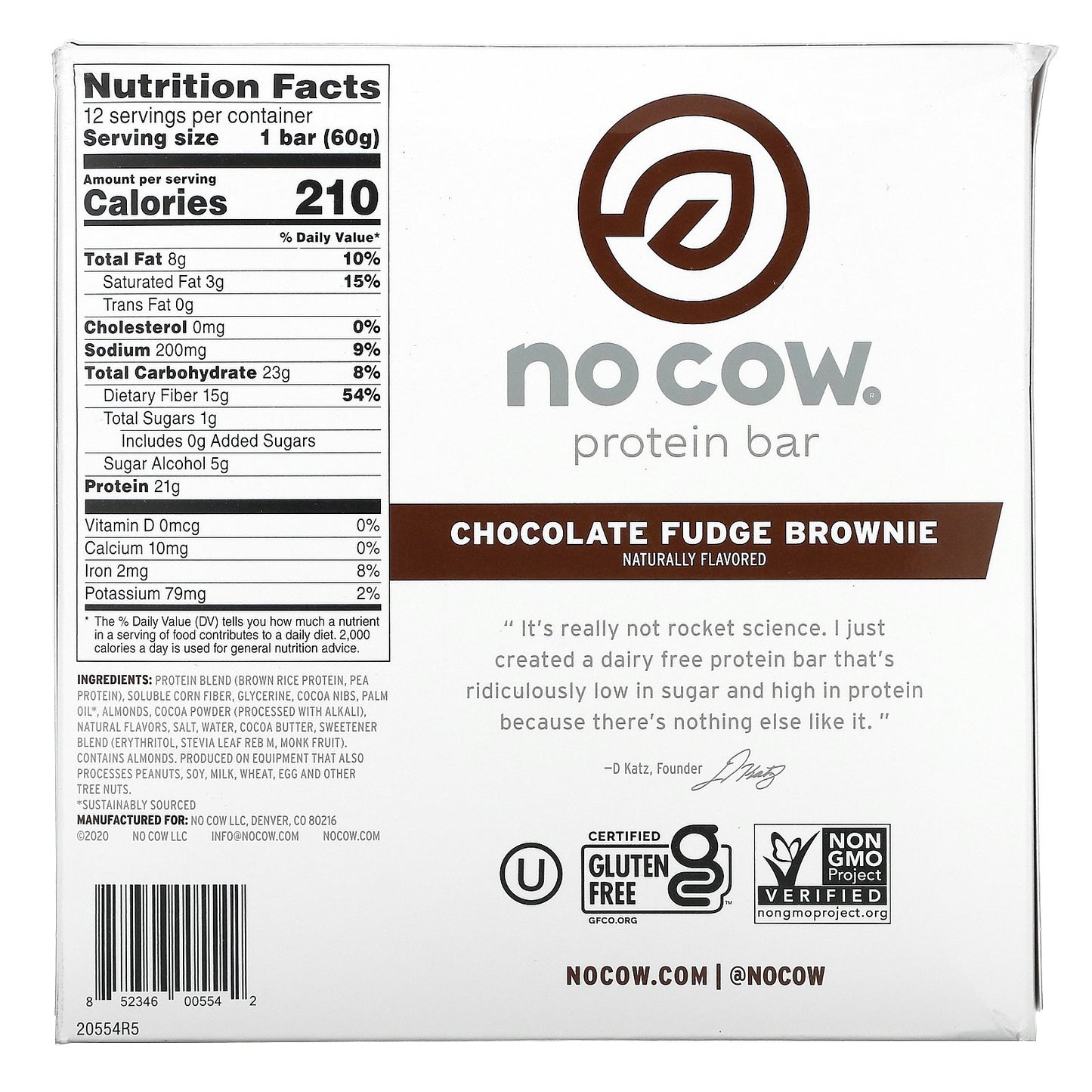 No Cow, Protein Bar, Chocolate Fudge Brownie, 12 Bars, 2.12 oz (60 g) Each