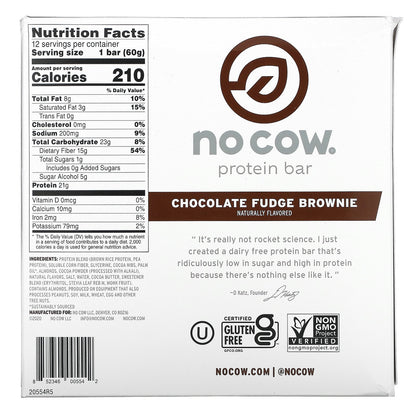 No Cow, Protein Bar, Chocolate Fudge Brownie, 12 Bars, 2.12 oz (60 g) Each