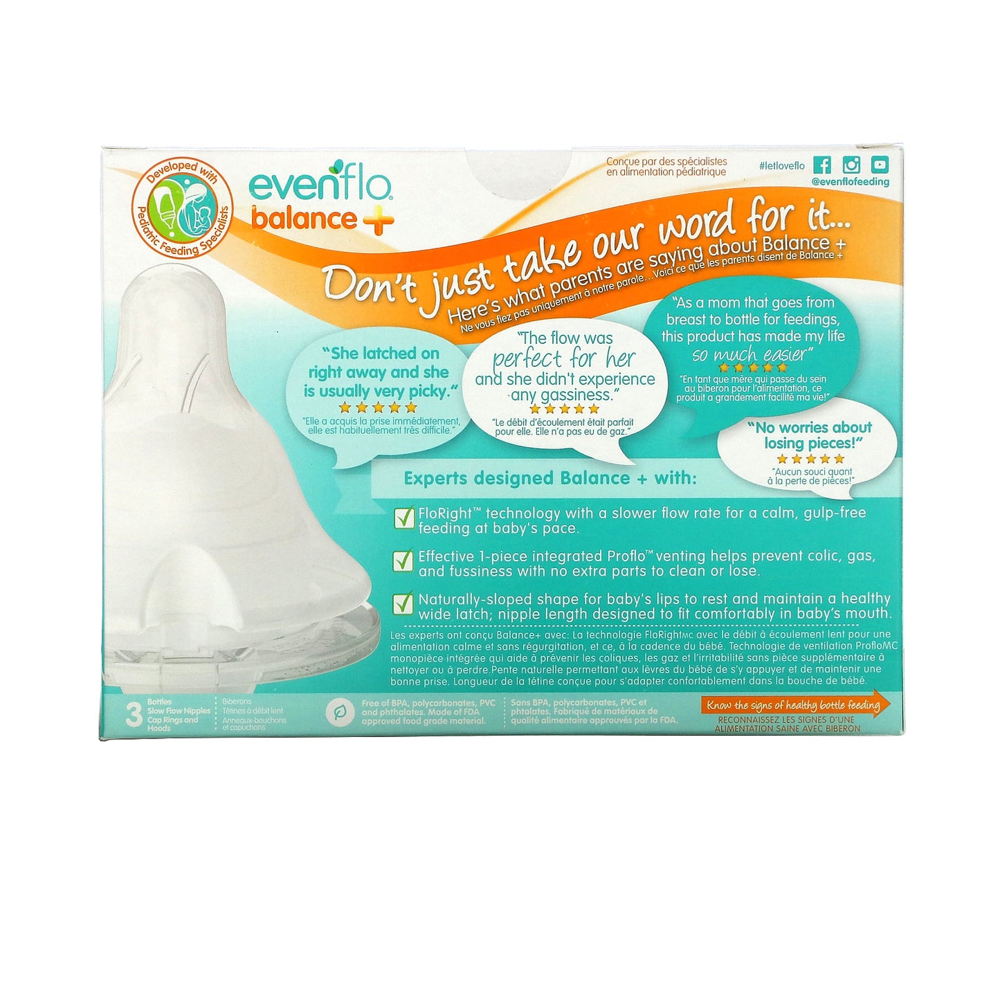 Evenflo Feeding, Balance+ Bottles, Wide, 0+ Months, Slow Flow, 3 Bottles, 5 oz (150 ml) Each