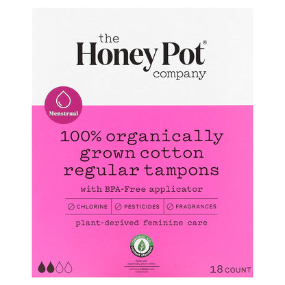 The Honey Pot Company, 100% Organically Grown Cotton Tampons, Regular, 18 Count