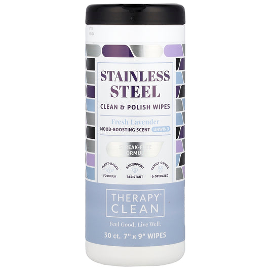 Therapy Clean, Stainless Steel, Clean & Polish Wipes, Fresh Lavender , 30 Wipes