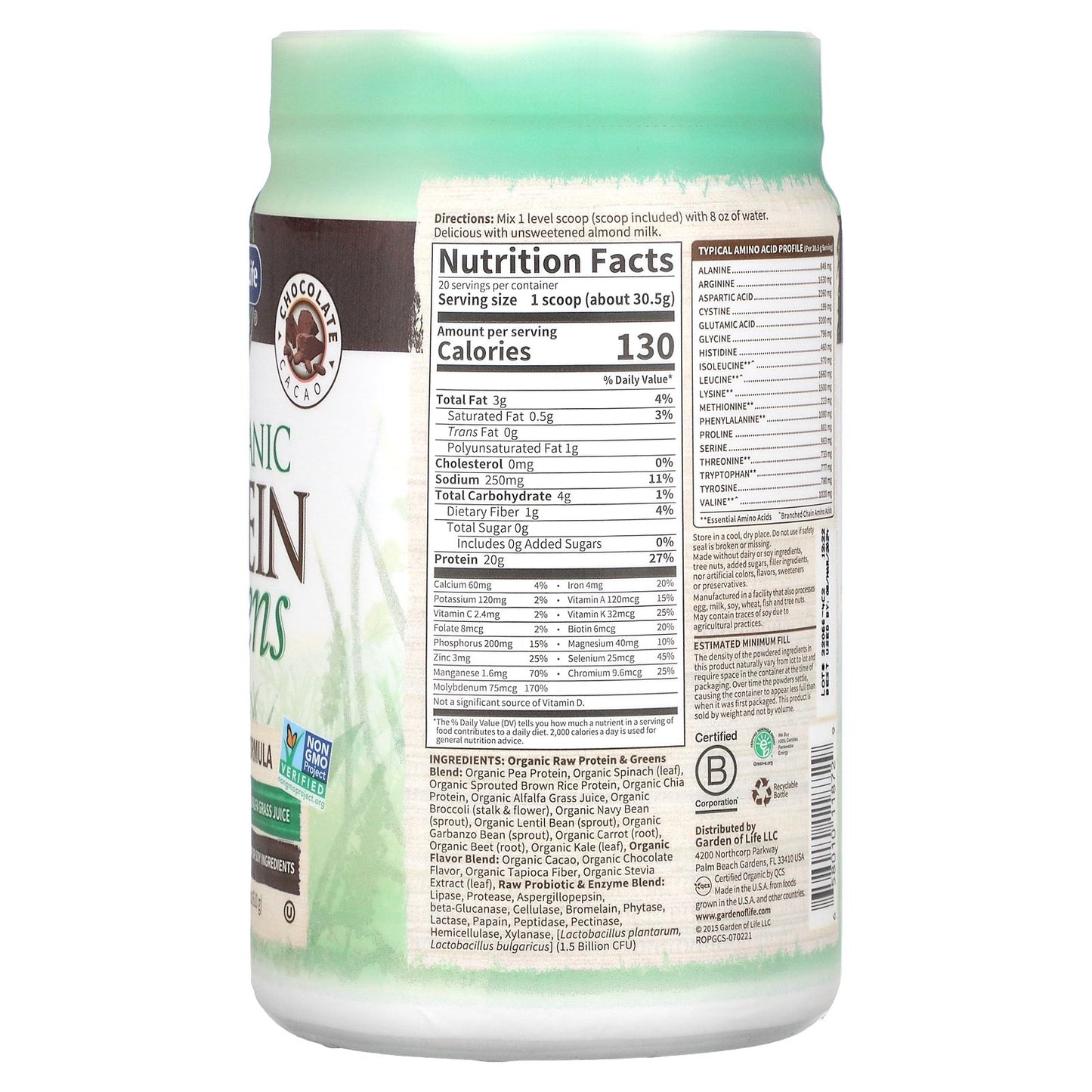 Garden of Life, RAW Organic Protein & Greens, Plant Formula, Chocolate Cacao, 21.51 oz (610 g)