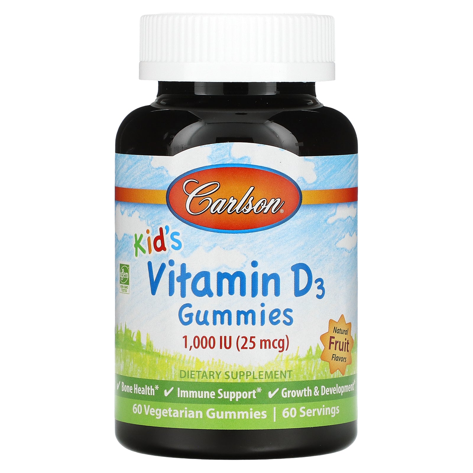 Carlson, Kid's, Vitamin D3 Gummies, Natural Fruit, 25 mcg (1,000 IU), 60 Vegetarian Gummies