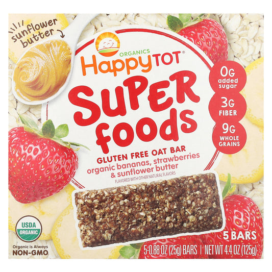 Happy Family Organics, Happy Tot, Superfoods, Gluten Free Oat Bar, Organic Bananas, Strawberries & Sunflower Butter,  5 Bars, 0.88 oz (25 g) Each