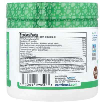 Nutricost, Pets, Hip & Joint Support, For Dogs, Beef, 60 Soft Chews, 6.4 oz (180 g)