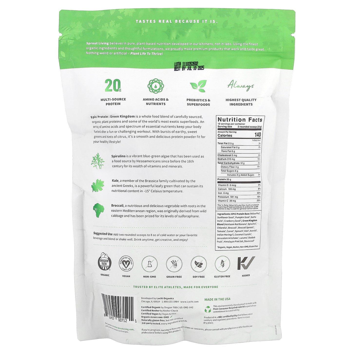 Sprout Living, Epic Protein®, Organic Plant Protein + Superfoods, Green Kingdom, 1 lb (456 g)