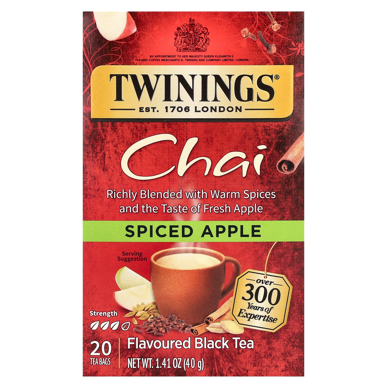 Twinings, Flavored Black Tea, Chai, Spiced Apple, 20 Tea Bags, 1.41 oz (40 g)