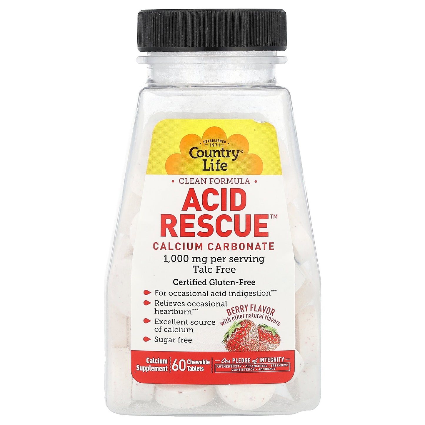 Country Life, Acid Rescue, Calcium Carbonate, Berry, 60 Chewable Tablets
