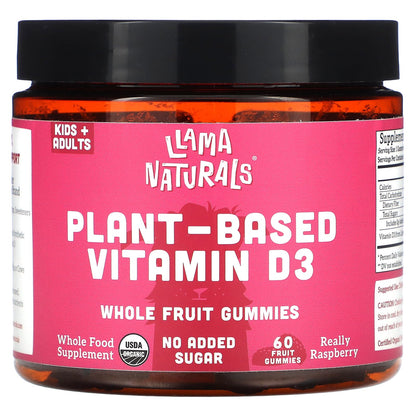 Llama Naturals, Plant-Based Vitamin D3 Whole Fruit Gummies, Really Raspberry, 60 Fruit Gummies