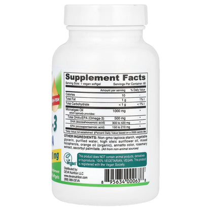 Deva, Vegan Omega-3, DHA-EPA, 500 mg, 60 Vegan Softgels
