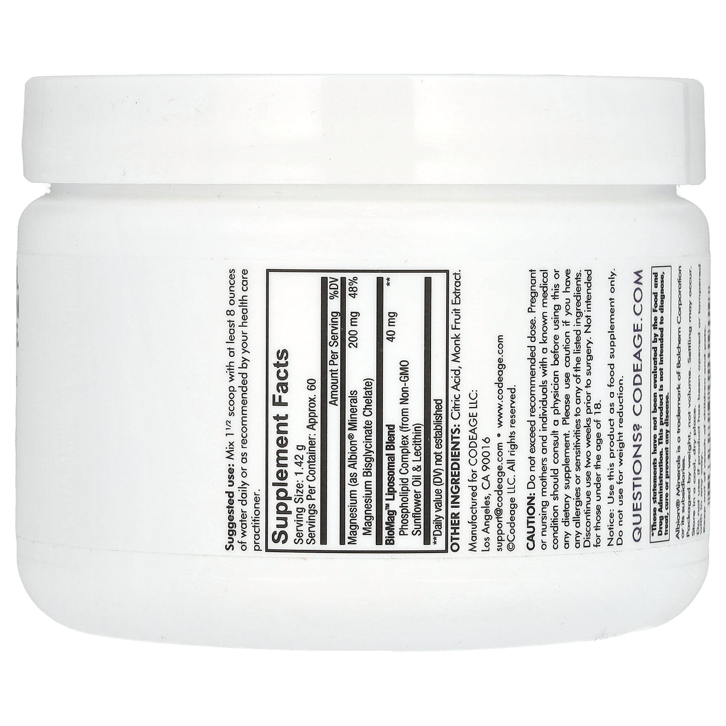 Codeage, Liposomal Magnesium Glycinate Powder, Unflavored, 3 oz (85.2 g)