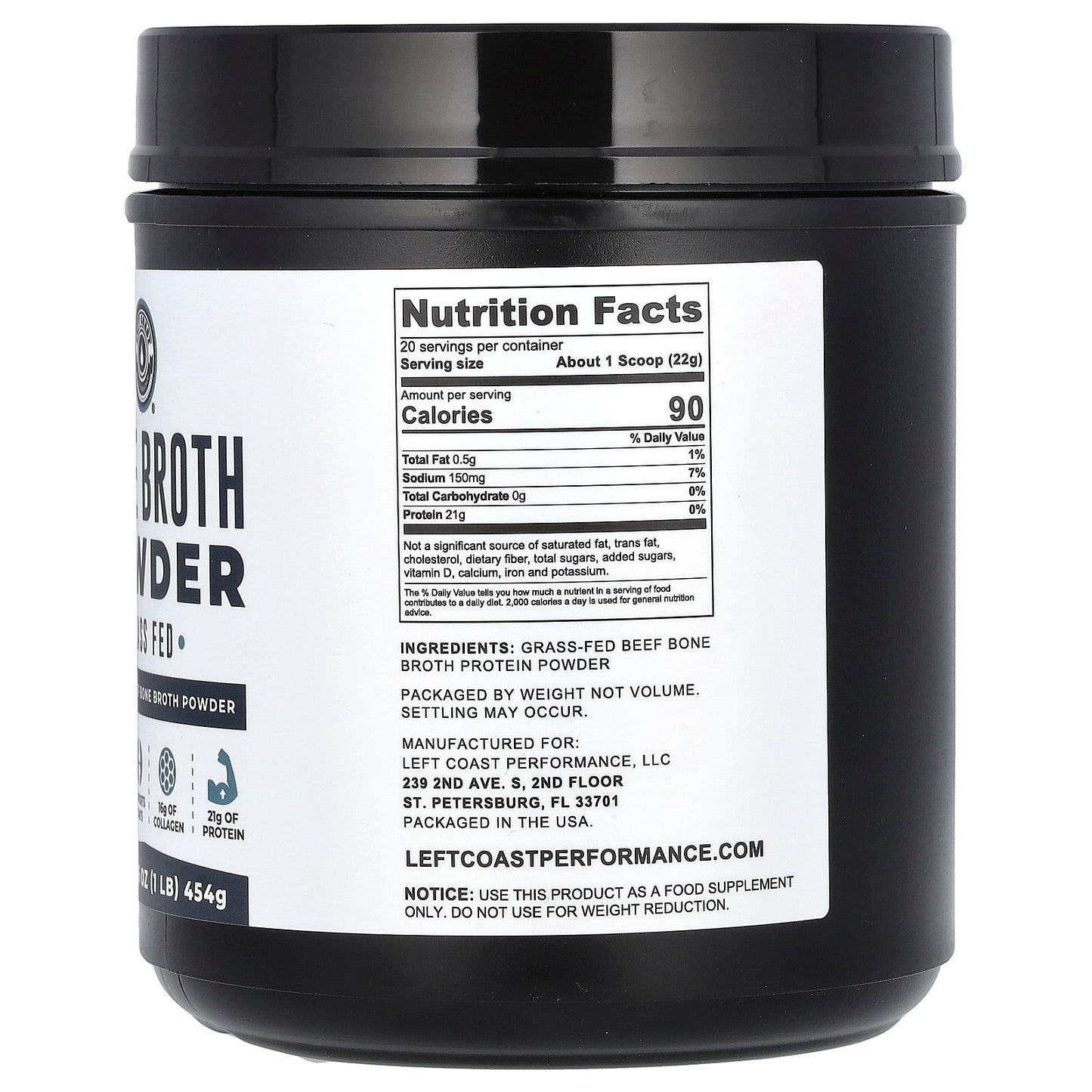 Left Coast Performance, Bone Broth Powder, Beef, 16 oz (454 g)