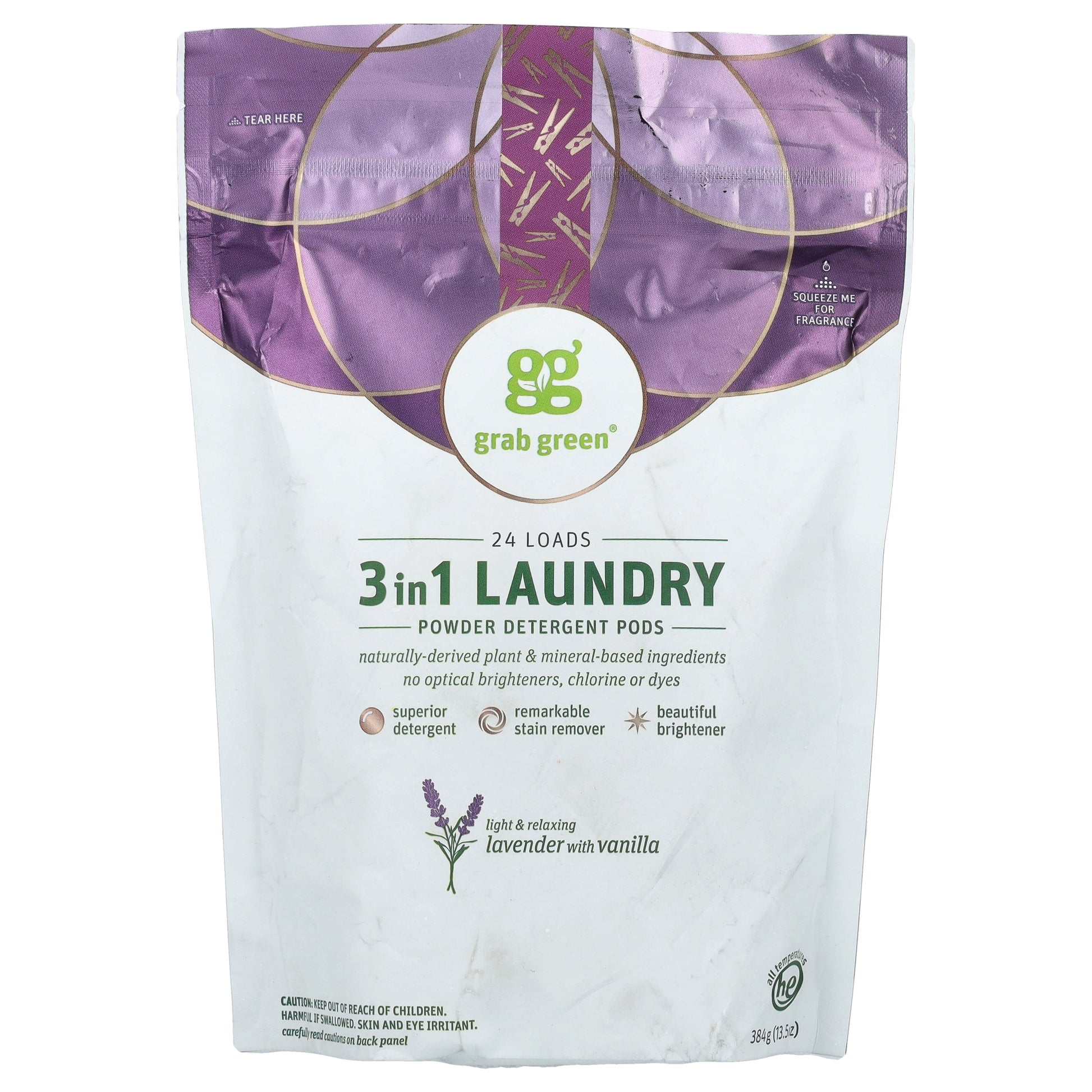 Grab Green, 3 in 1 Laundry Powder Detergent Pods, Lavender with Vanilla, 24 Loads, 13.5 oz (384 g)