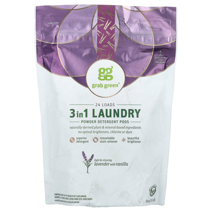 Grab Green, 3 in 1 Laundry Powder Detergent Pods, Lavender with Vanilla, 24 Loads, 13.5 oz (384 g)