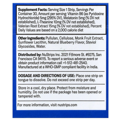 NuStrips, Sleep In A Strip™, Dreamy Blueberry, 30 Strips