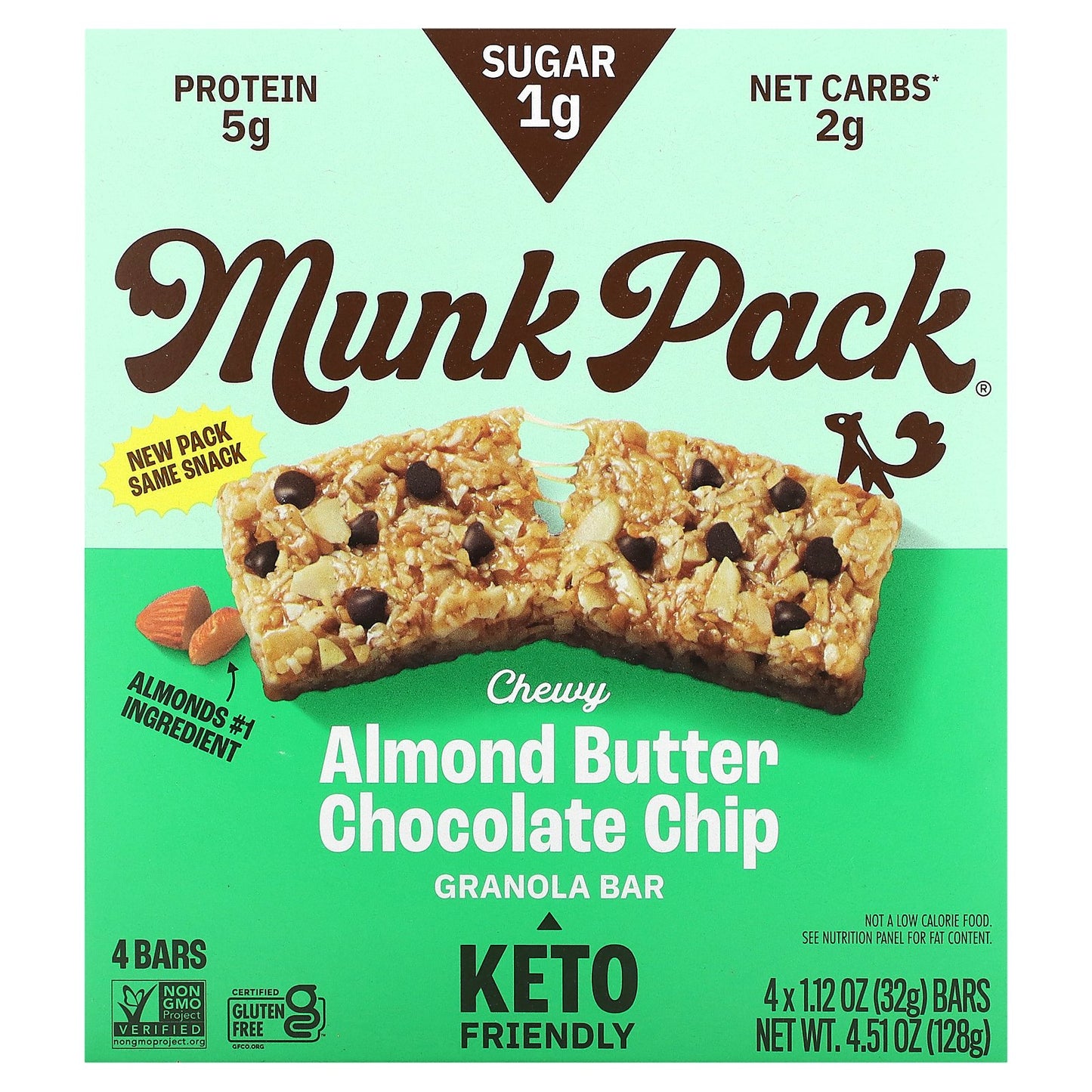 Munk Pack, Chewy Granola Bar, Almond Butter Chocolate Chip, 4 Bars, 1.12 oz (32 g) Each