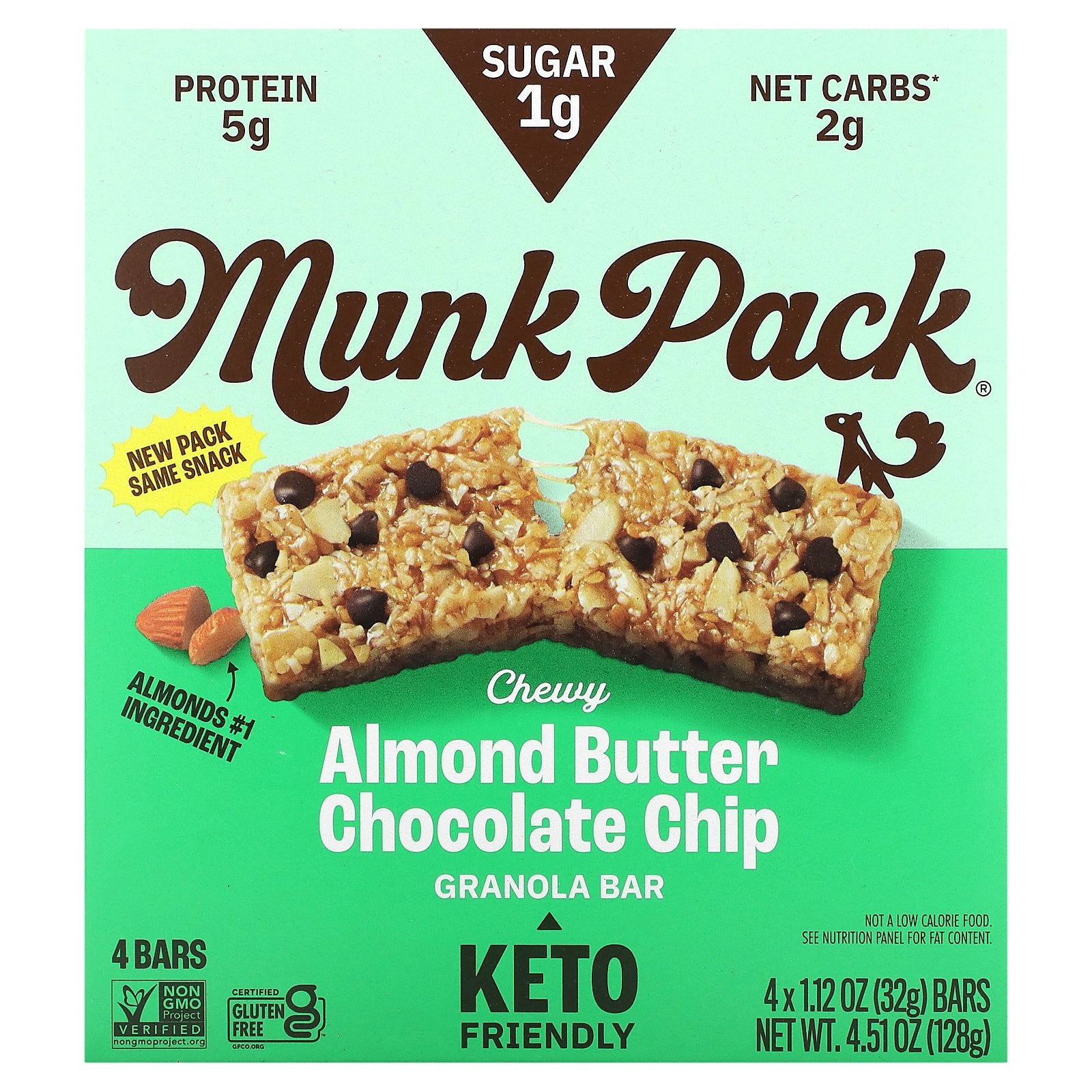 Munk Pack, Chewy Granola Bar, Almond Butter Chocolate Chip, 4 Bars, 1.12 oz (32 g) Each
