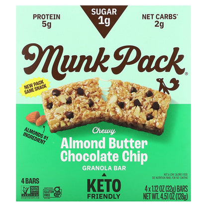 Munk Pack, Chewy Granola Bar, Almond Butter Chocolate Chip, 4 Bars, 1.12 oz (32 g) Each