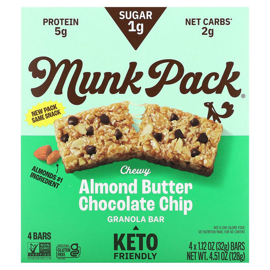 Munk Pack, Chewy Granola Bar, Almond Butter Chocolate Chip, 4 Bars, 1.12 oz (32 g) Each