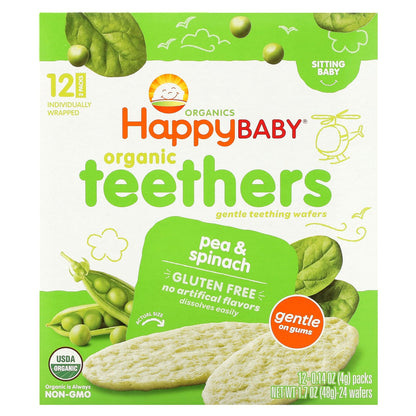 Happy Family Organics, Organic Teethers , Gentle Teething Wafers, Pea & Spinach, 12 Packs, 0.14 oz (4 g) Each