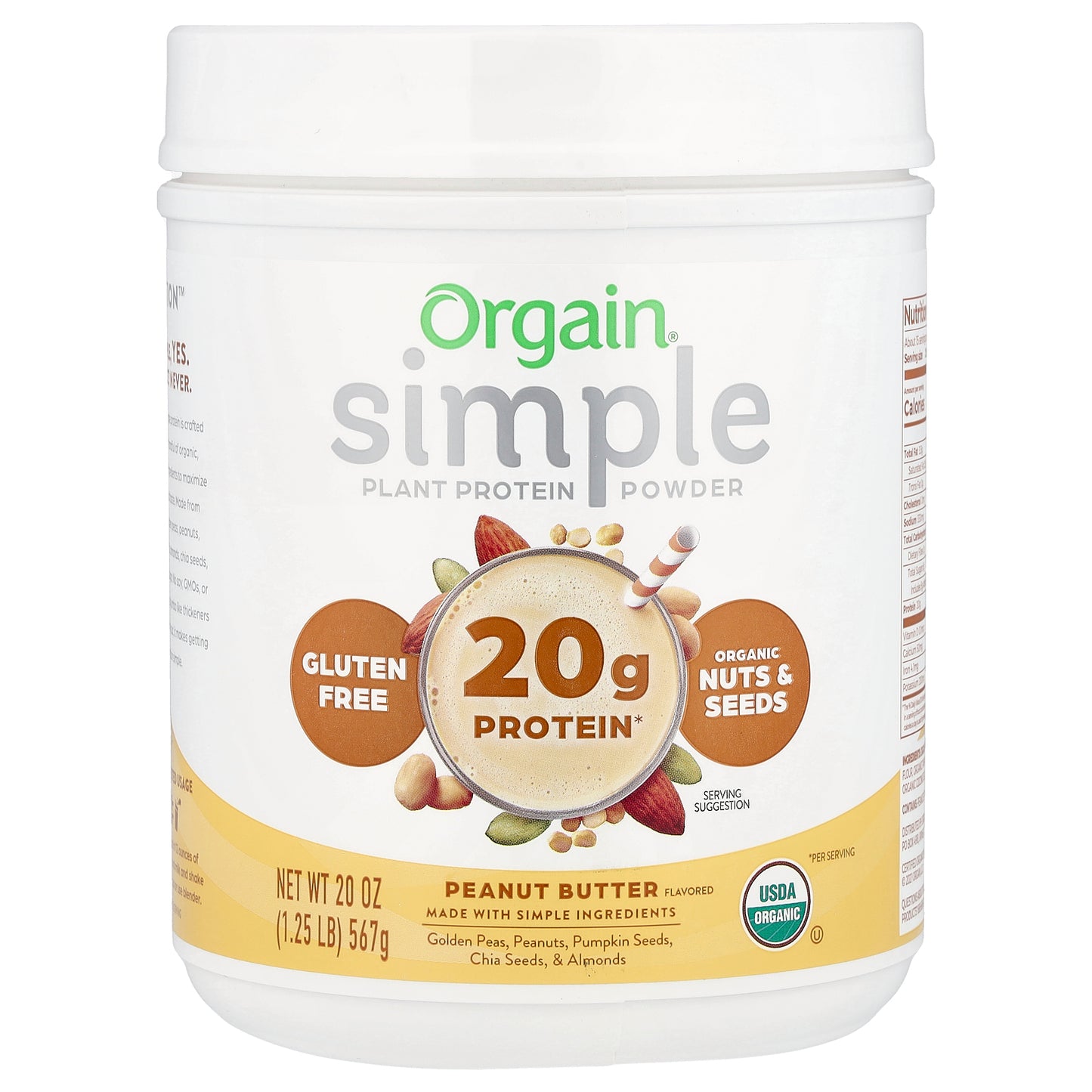Orgain, Simple, Plant Protein Powder, Peanut Butter, 20 oz (567 g)
