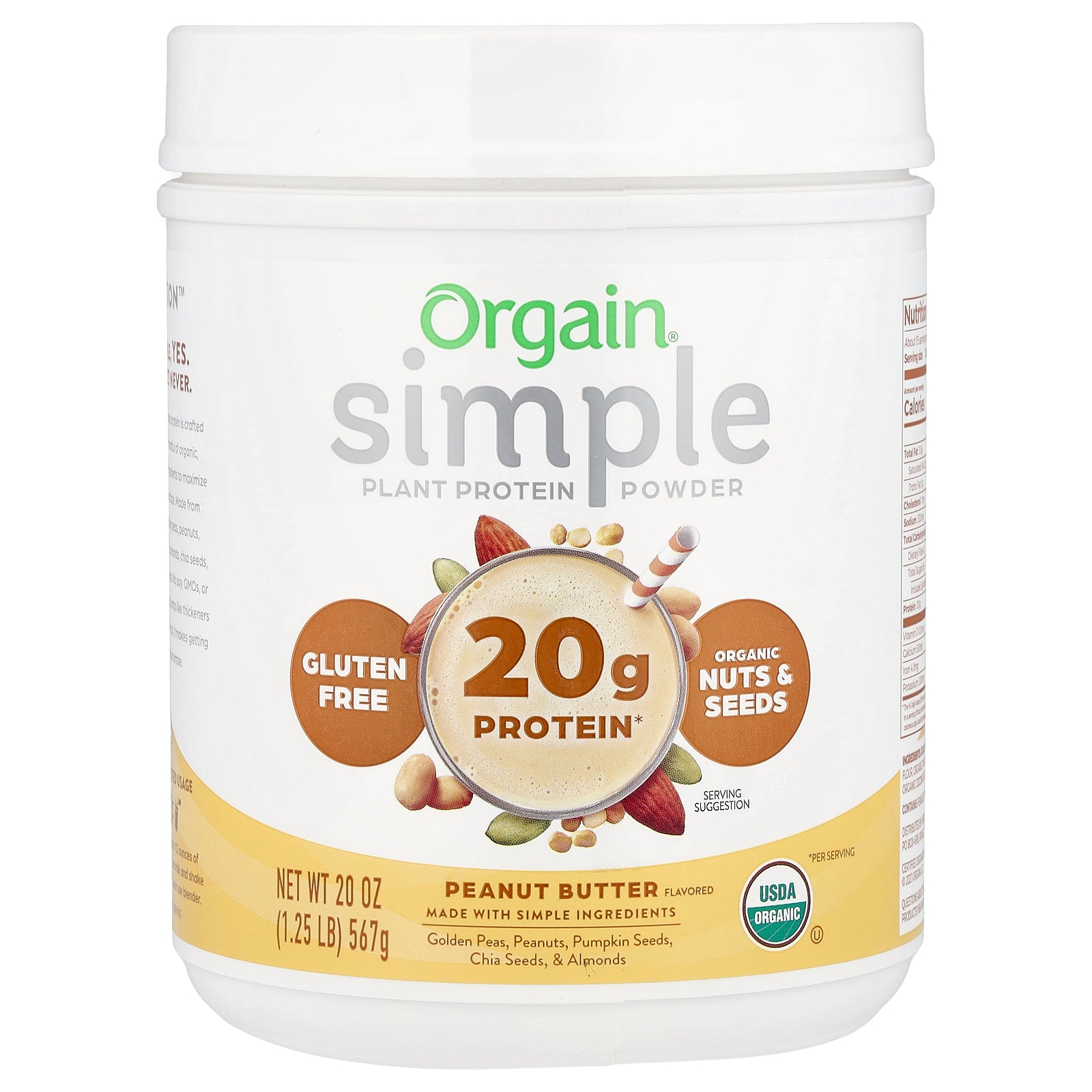 Orgain, Simple, Plant Protein Powder, Peanut Butter, 20 oz (567 g)
