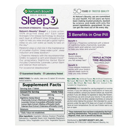 Nature's Bounty, Gold Series, Sleep 3, Maximum Strength, 30 Tri-Layered Tablets