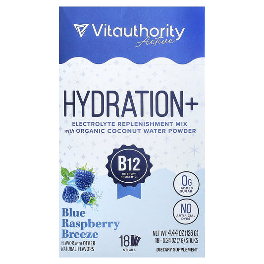 Vitauthority, Active, Hydration+, Blue Raspberry Breeze, 18 Sticks, 0.24 oz (7 g) Each