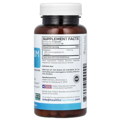 Healths Harmony, Colostrum 30% IGG, 60 Capsules (500 mg per Capsule)