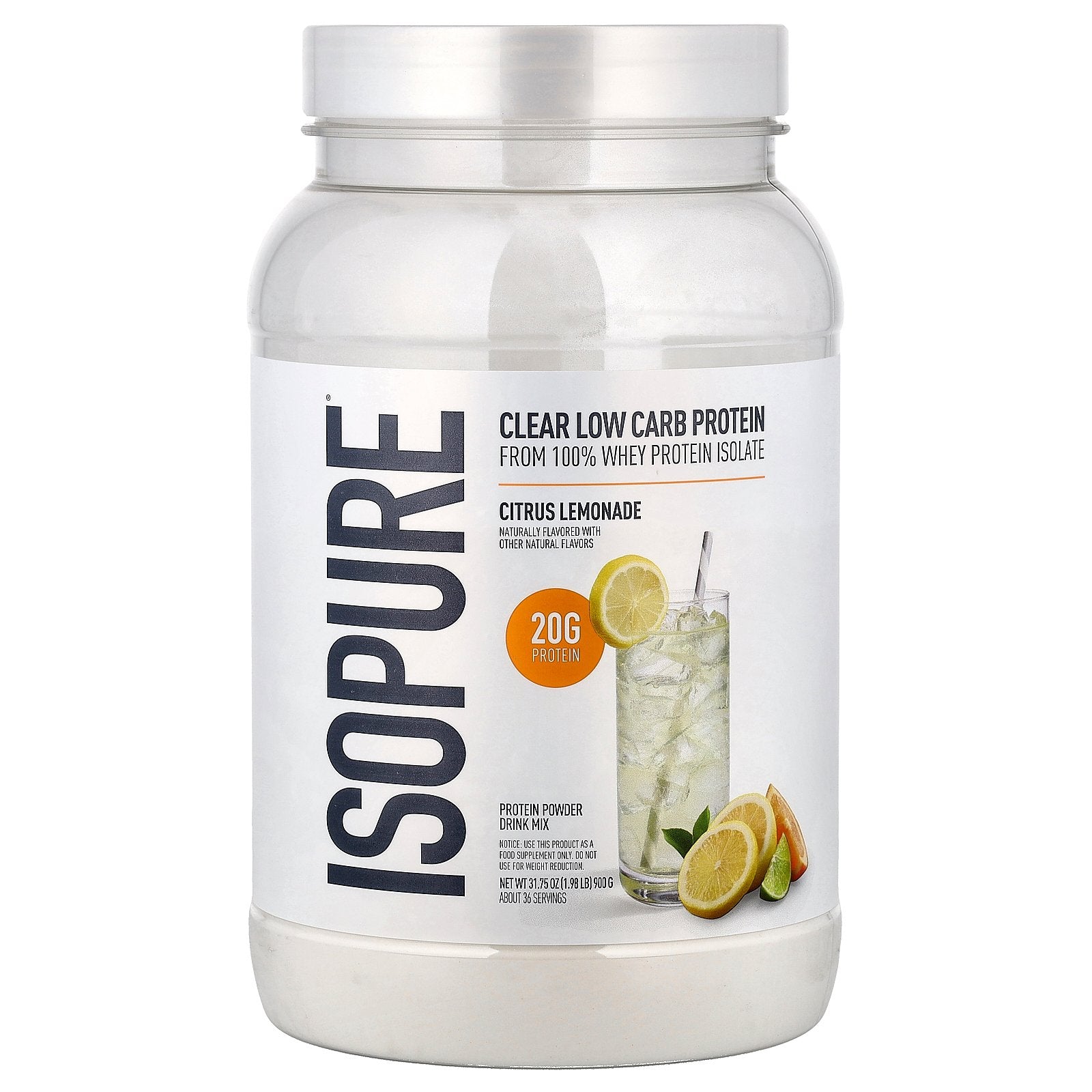 Isopure, Clear Low Carb Protein Powder, Citrus Lemonade, 1.98 lb (900 g)