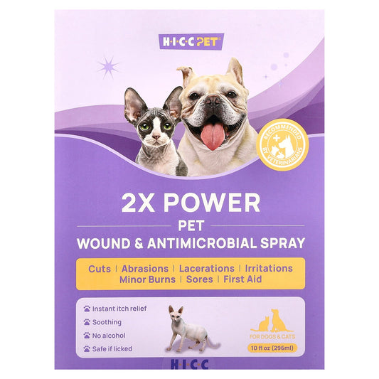 HICC Pet, 2X Power Pet Wound & Antimicrobial Spray, For Dogs & Cats, 10 fl oz (296 ml)