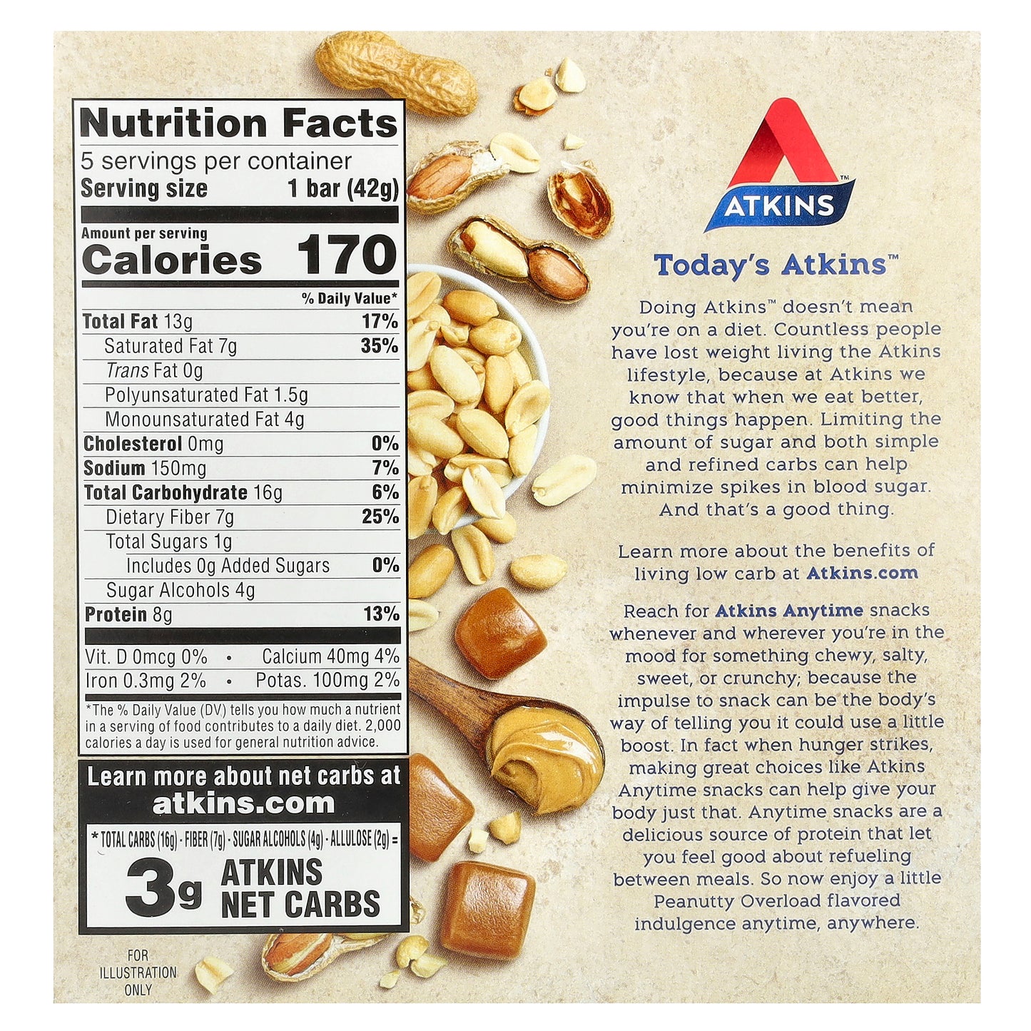 Atkins, Snack, Peanutty Overload Bar, 5 Bars, 1.48 oz (42 g) Each