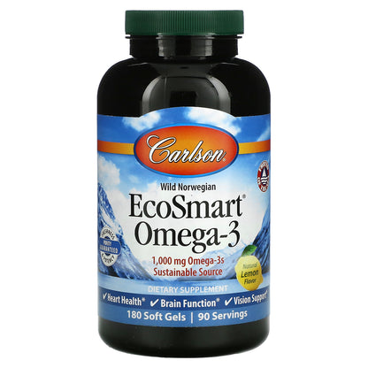 Carlson, EcoSmart Omega-3, Natural Lemon, 1,000 mg, 180 Soft Gels (500 mg per Soft Gel)