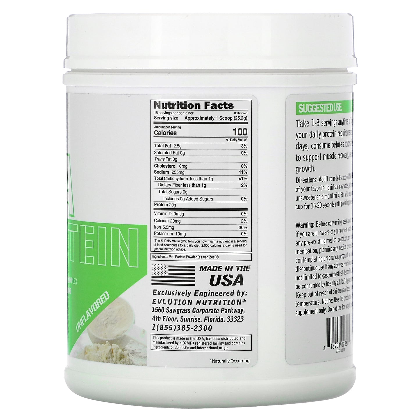 EVLution Nutrition, Pea Protein, Unflavored, 1 lb (454 g)