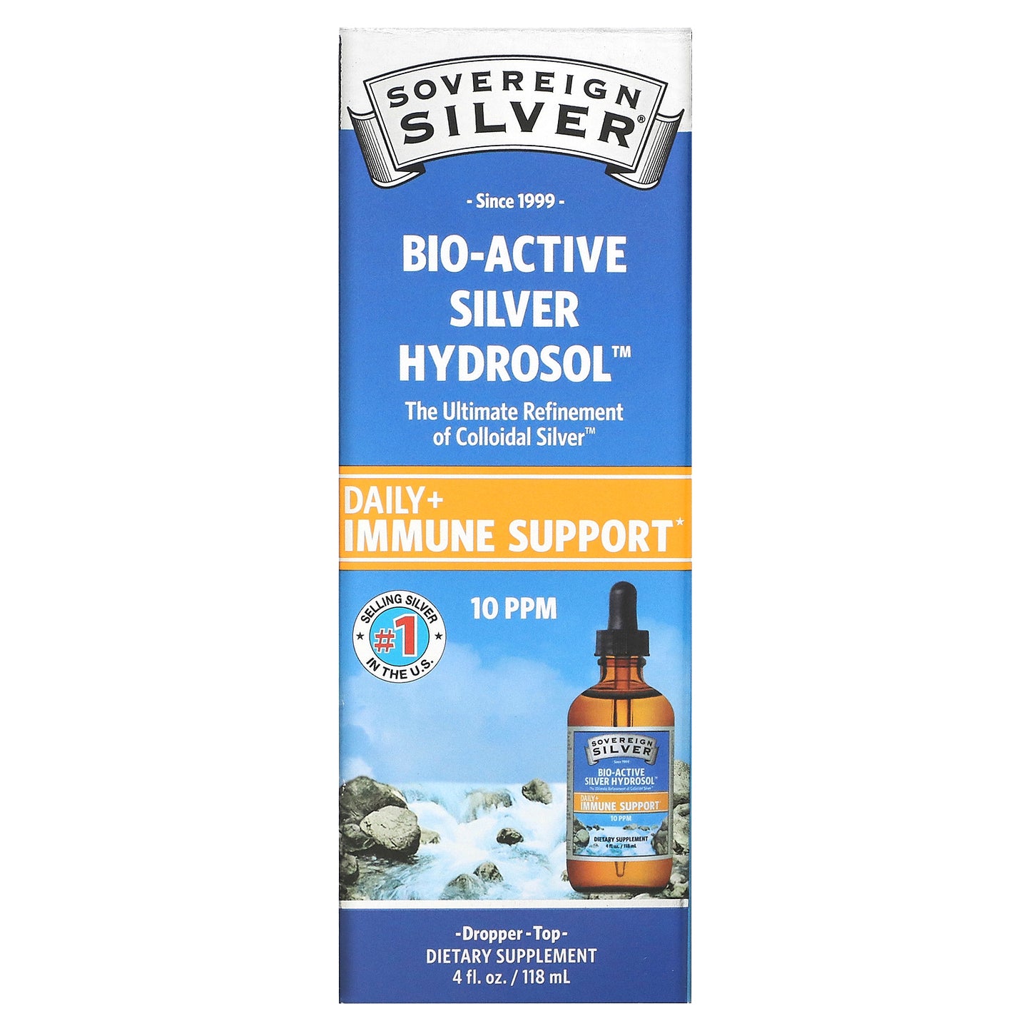 Sovereign Silver, Bio-Active Silver Hydrosol Dropper-Top, Daily + Immune Support, 10 ppm, 4 fl oz (118 ml)