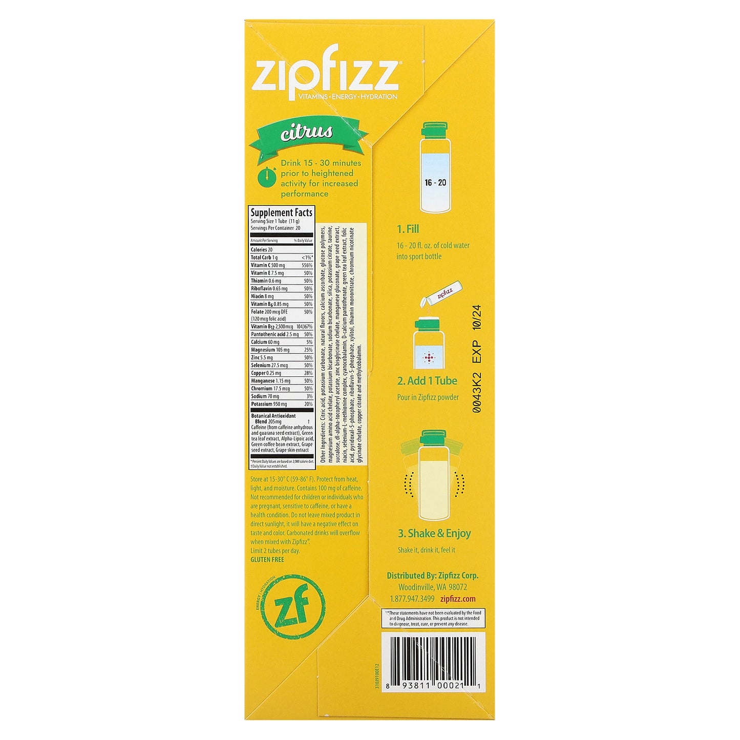 Zipfizz, Energy Drink Mix, Citrus, 20 Tubes, 0.39 oz (11 g) Each