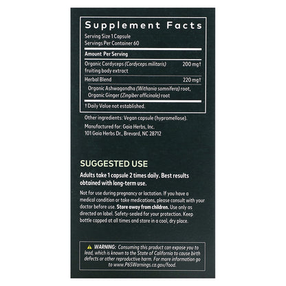 Gaia Herbs, Adaptogen Performance, Mushrooms & Herbs, 60 Vegan Capsules