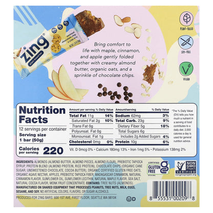 Zing Bars, Plant-Based Bar, Oatmeal Chocolate Chip In Almond Butter, 12 Bars, 1.76 oz (50 g) Each