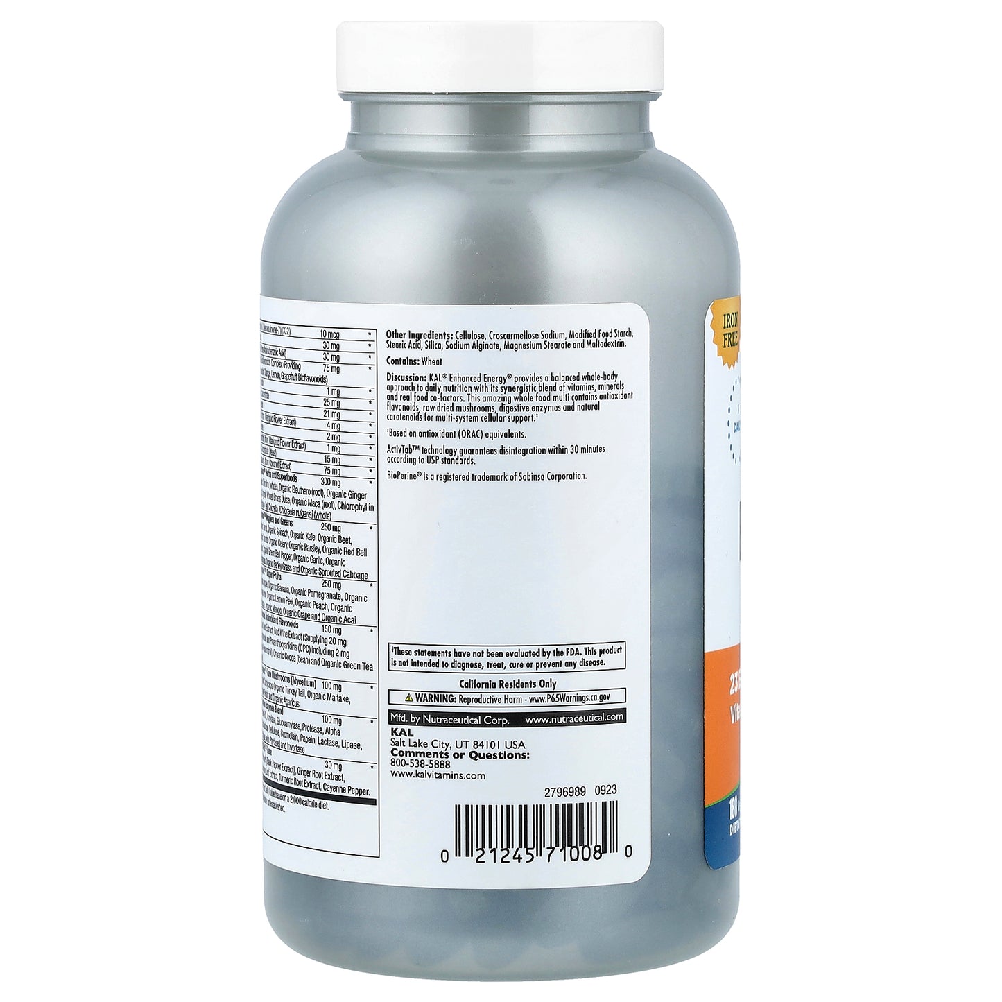 KAL, Enhanced Energy®, Whole Food Multivitamin, Iron Free, 180 VegTabs