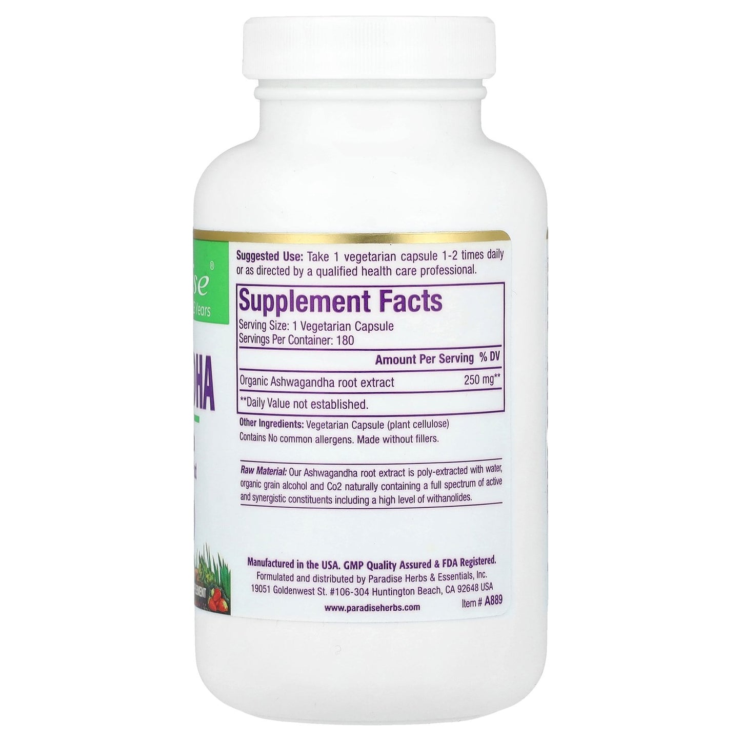 Paradise Herbs, Ashwagandha, 250 mg, 180 Vegetarian Capsules
