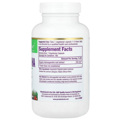 Paradise Herbs, Ashwagandha, 250 mg, 180 Vegetarian Capsules
