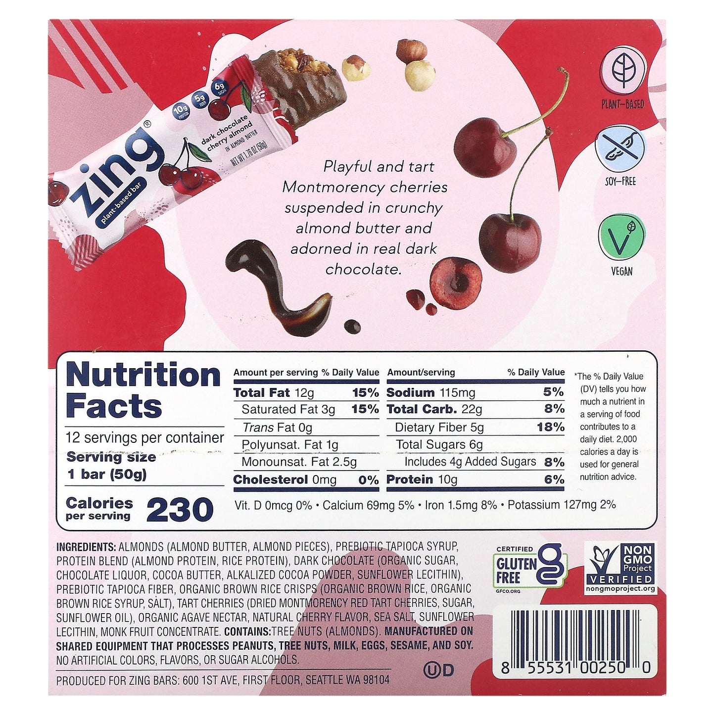 Zing Bars, Plant-Based Bar, Dark Chocolate Cherry Almond In Almond Butter, 12 Bars, 1.76 oz (50 g) Each