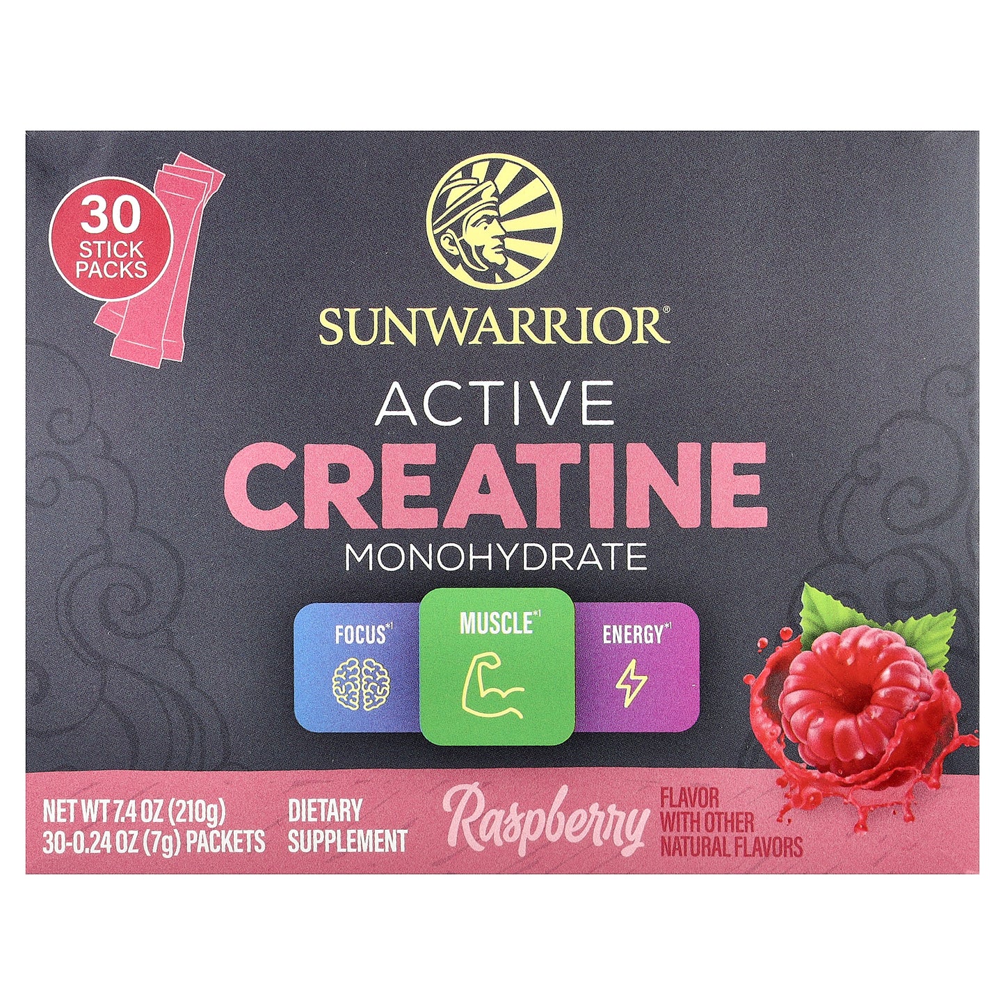 Sunwarrior, Active Creatine Monohydrate, Raspberry, 30 Packets, 0.24 oz (7 g) Each
