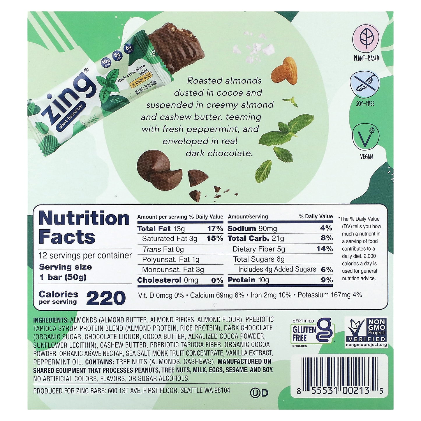 Zing Bars, Plant-Based Bar, Dark Chocolate Mint In Almond Butter, 12 Bars, 1.76 oz (50 g) Each