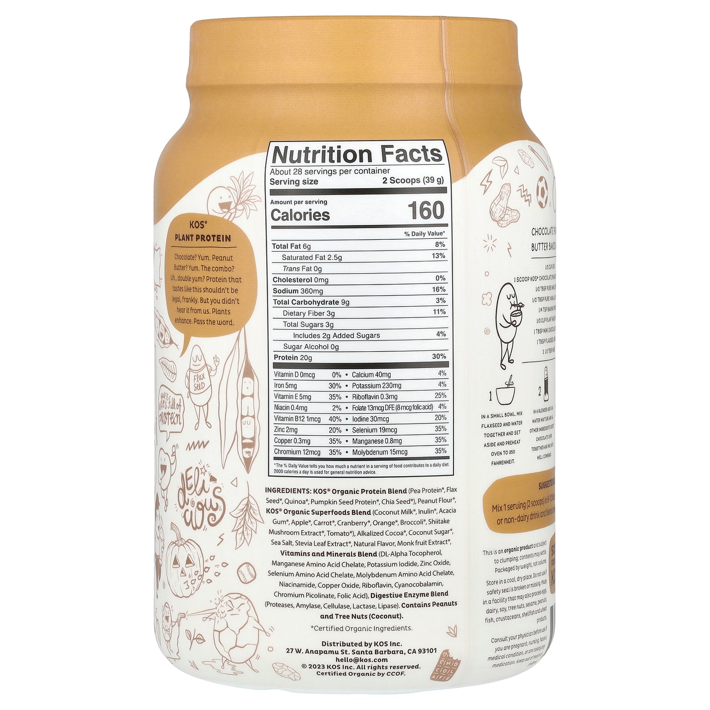 KOS, Organic Superfood Plant Protein Powder, Chocolate Peanut Butter, 2.4 lb (1,092 g)