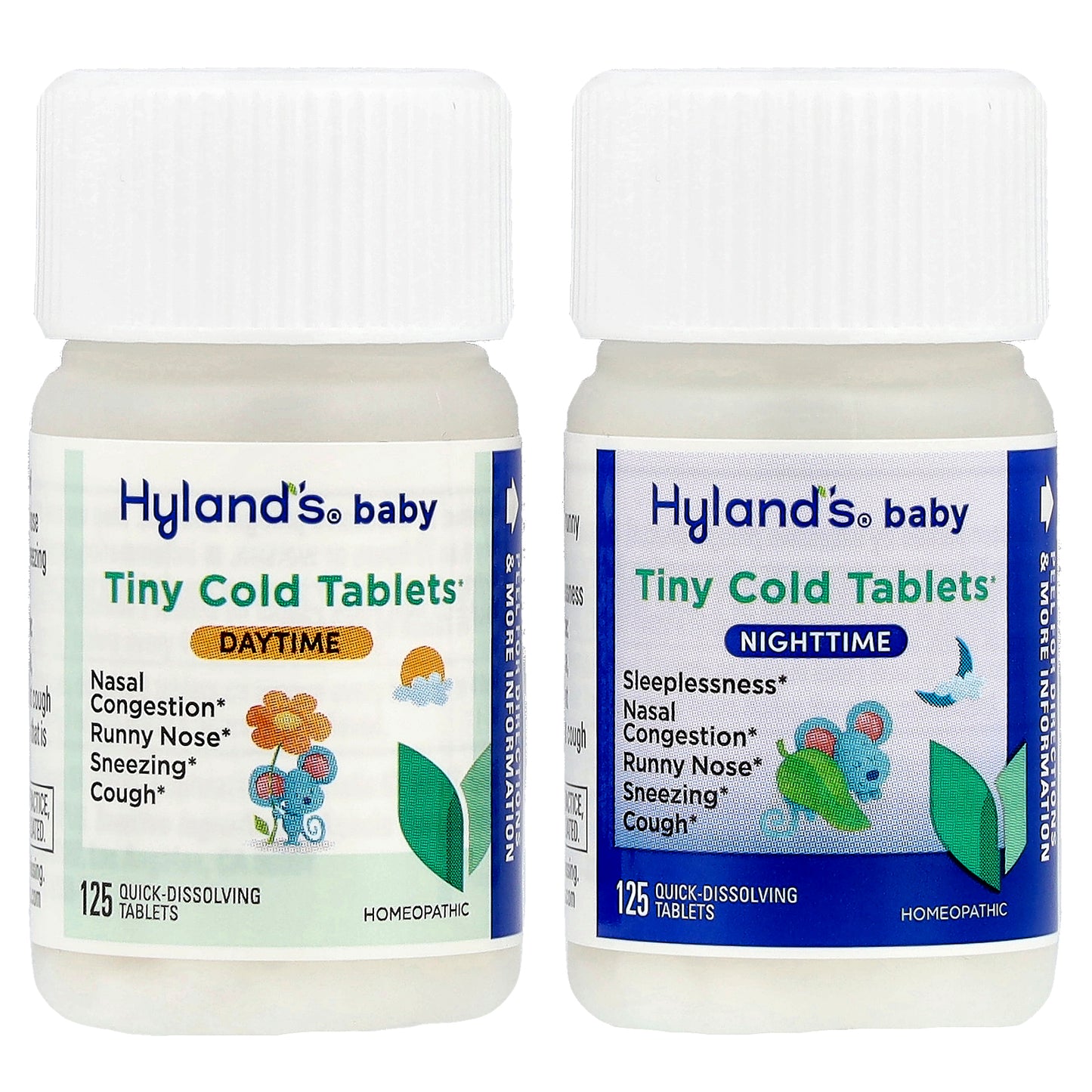 Hyland's Naturals, Baby, Tiny Cold Tablets Combo Pack, Daytime/Nighttime, 6+ Months, 2 Bottles, 125 Quick-Dissolving Tablets Each