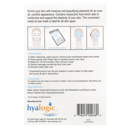 Hyalogic, HA Moisture Beauty Mask with Hyaluronic Acid & Aloe, Fragrance Free, 4 Masks, 0.8 oz Each