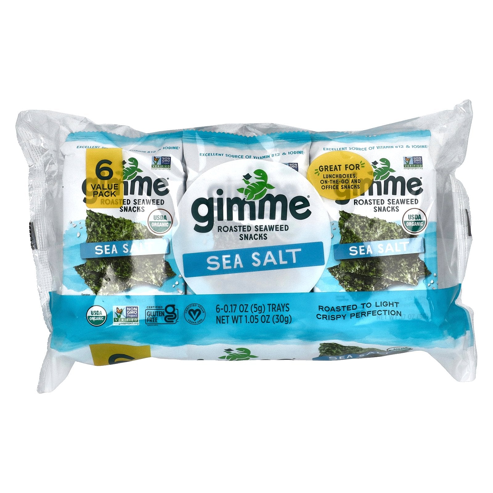 gimMe, Roasted Seaweed Snacks, Sea Salt, 6 Pack, 0.17 oz (5 g) Each